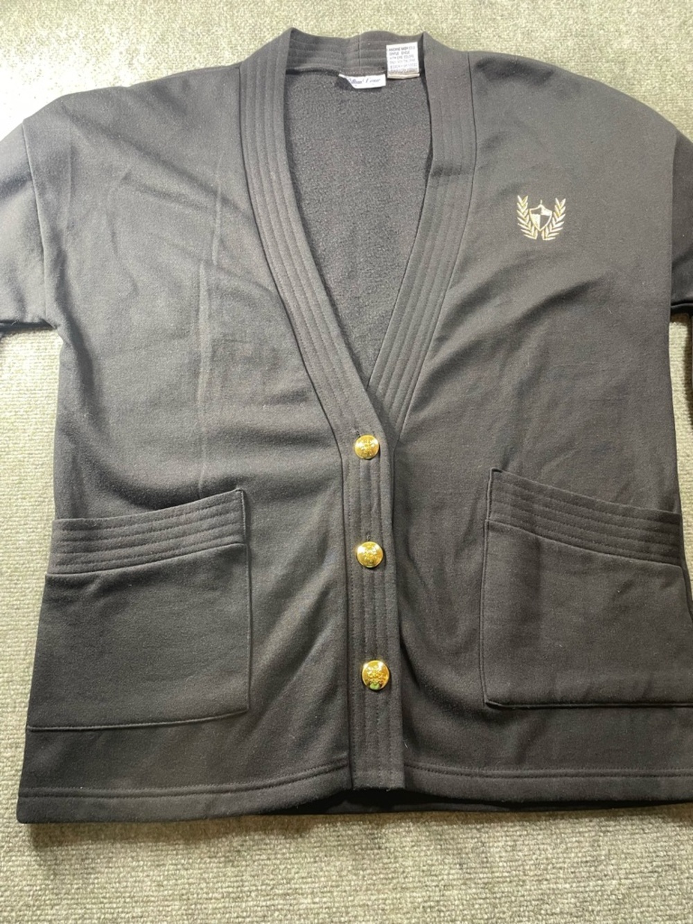 Vintage Black Women's Button-Front Cardigan with‎ Gold Crest